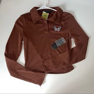 Long Sleeve Collared Butterfly Crop Top Small